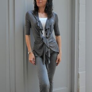 Express Gray Ruffled/Waterfall Open Front Or Tie Cardigan Size S